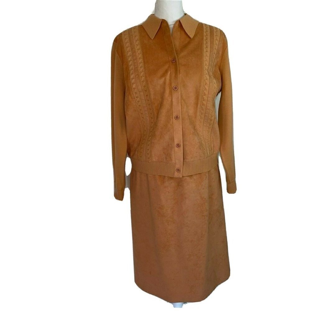St.Croix Knits Skirt Set Womens Size 12 Wool Ultrasuede Cardigan Peach Toffee
